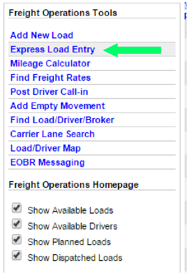Express Load Entry form from Freight Operations Tools.