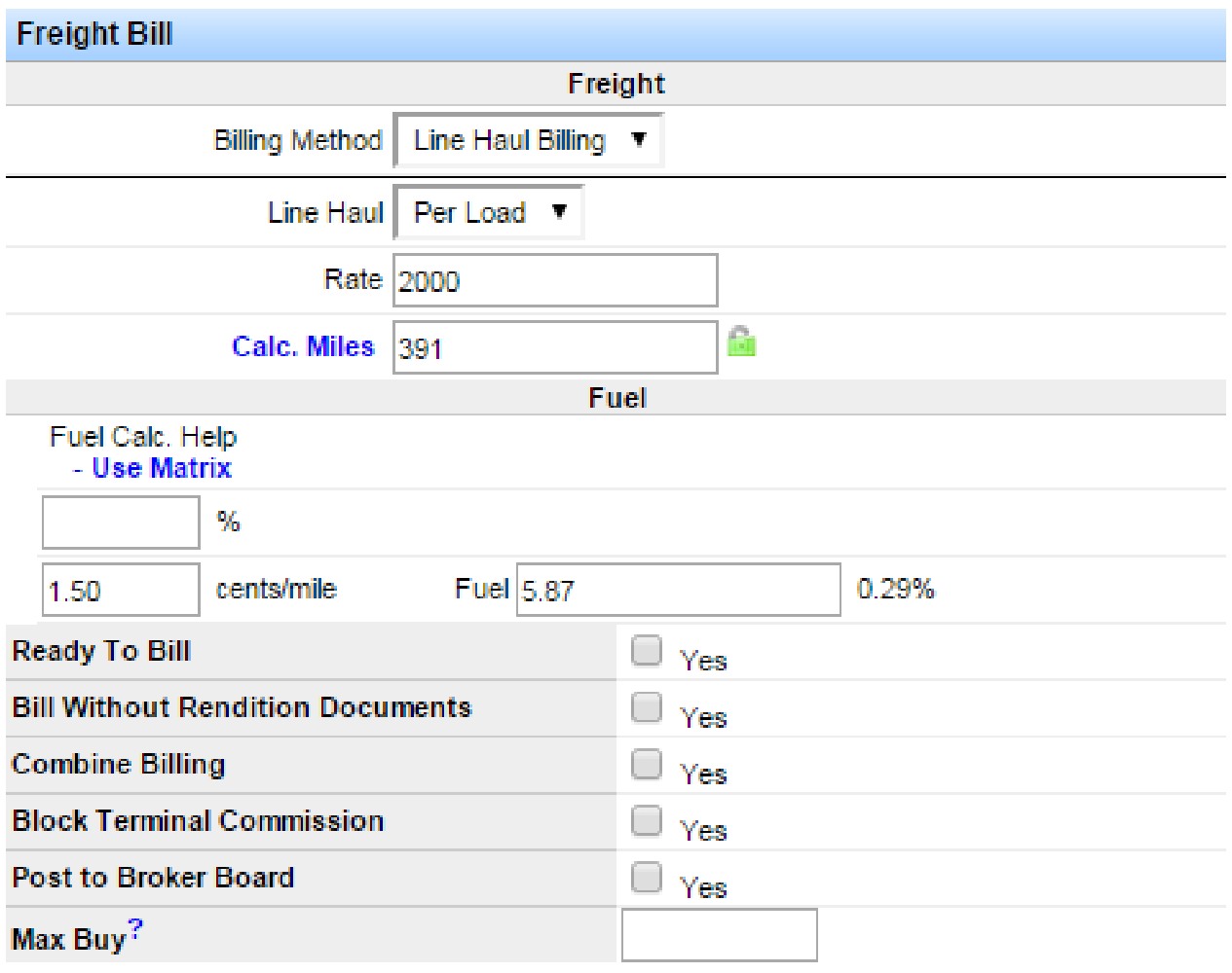 Freight Bill Information section with rate, miles, fuel, and billing method fields.