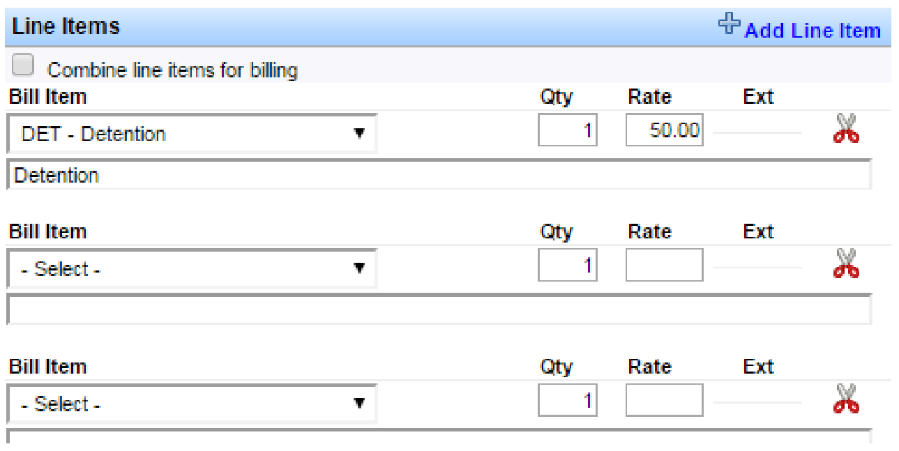 Line Items section with bill item, quantity, rate, and Add Line Item link.