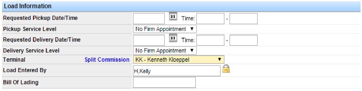 Load and commodity information fields including pickup, delivery, BOL, commodity, and weight.