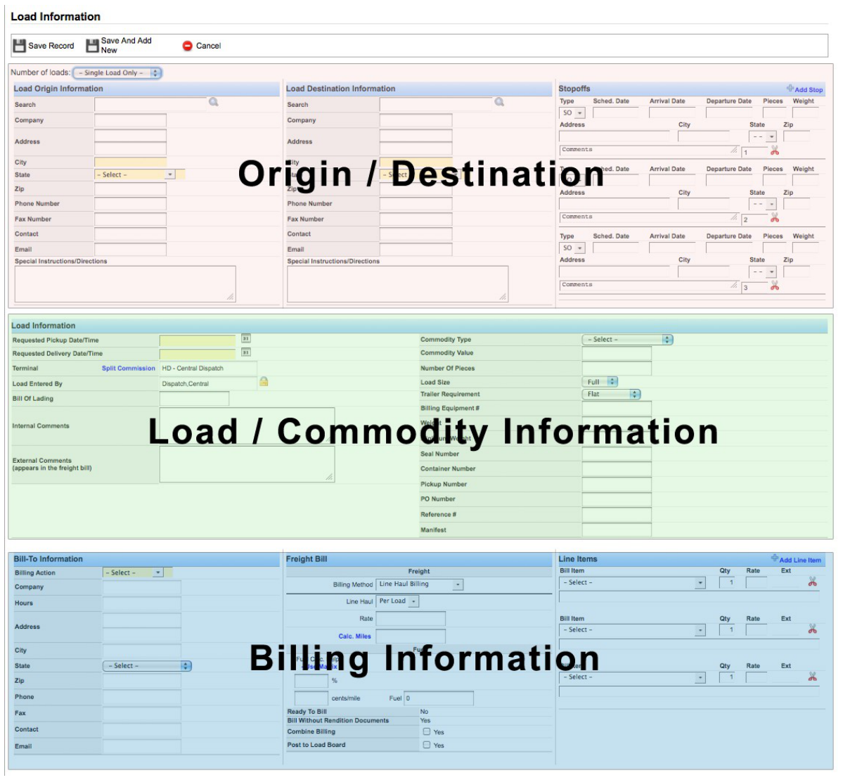 Load Information form showing origin, destination, and load entry sections.