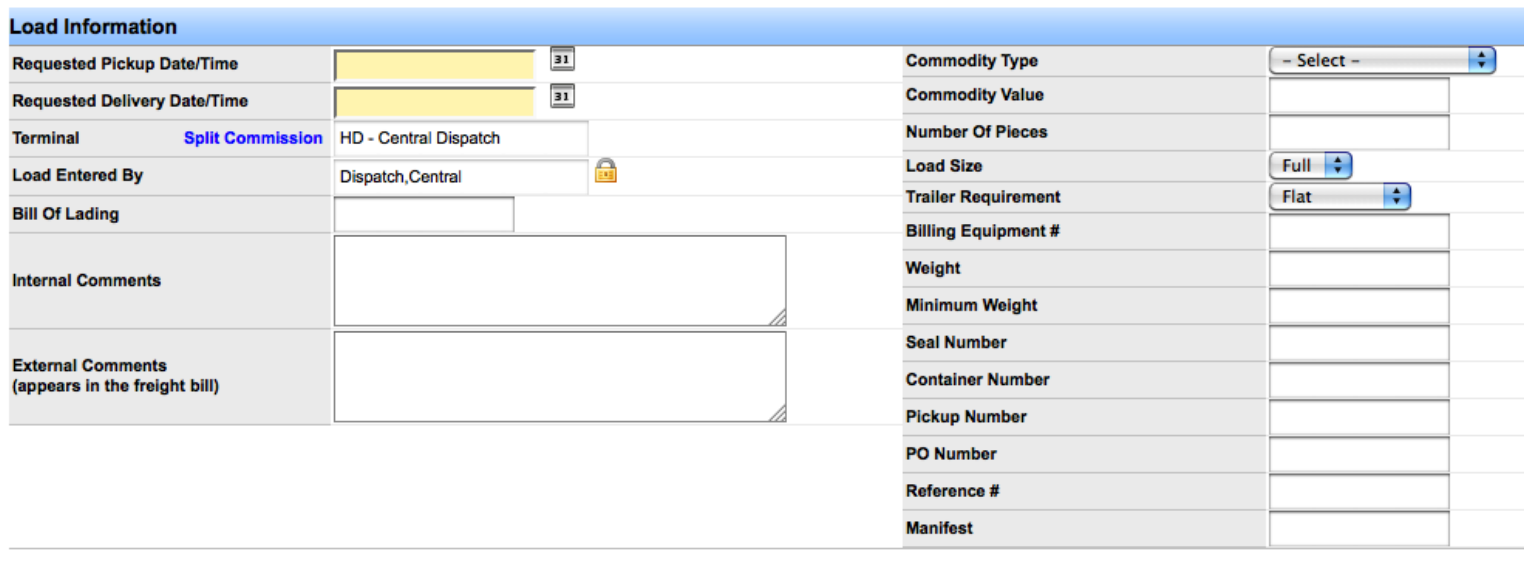 Load Information summary with pickup, delivery, commodity, and reference fields.