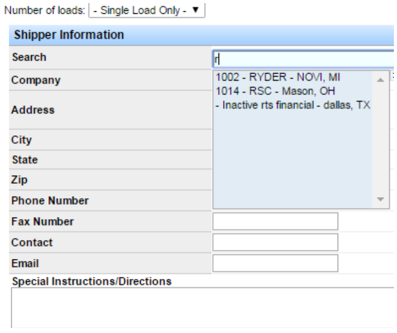 Shipper and Consignee origin and destination fields on the load form.