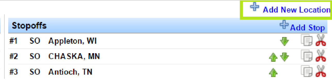 Add New Location link above the Stopoffs section on Load Information.