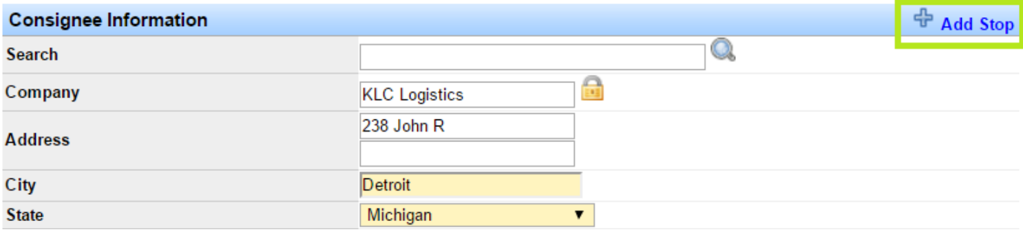 Consignee Information box with the Add Stop link in the upper right.