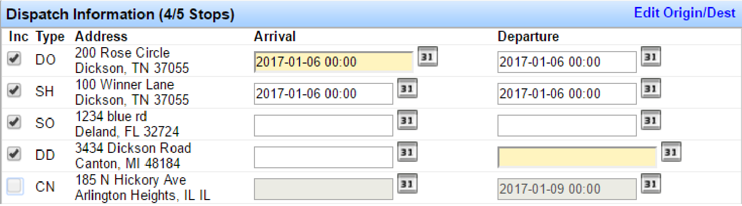 Dispatch Information with selected stop boxes and recalculated mileage for the driver route.