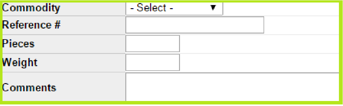 Stopoff commodity, reference number, pieces, weight, and comments fields.