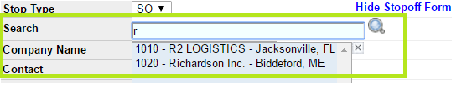 Stopoff company Search field with matching company results.