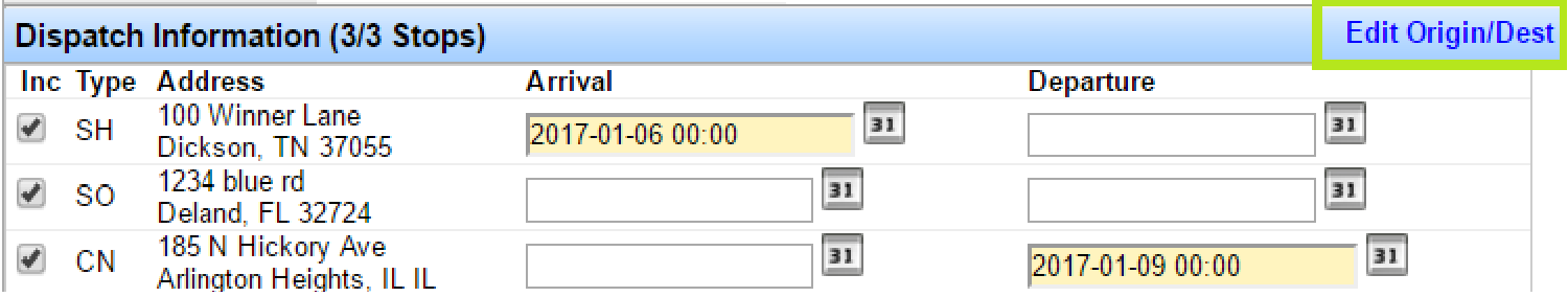 Dispatch Information section showing shipper, consignee, and stopoffs with Edit Origin/Dest link.