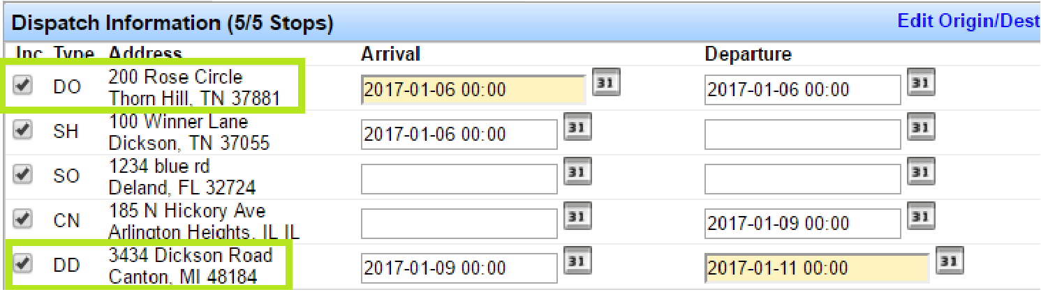 Dispatch Information with DO and DD locations added and checked after editing origin and destination.