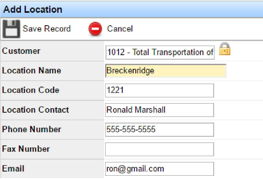 Add Location form with required yellow fields for company information.