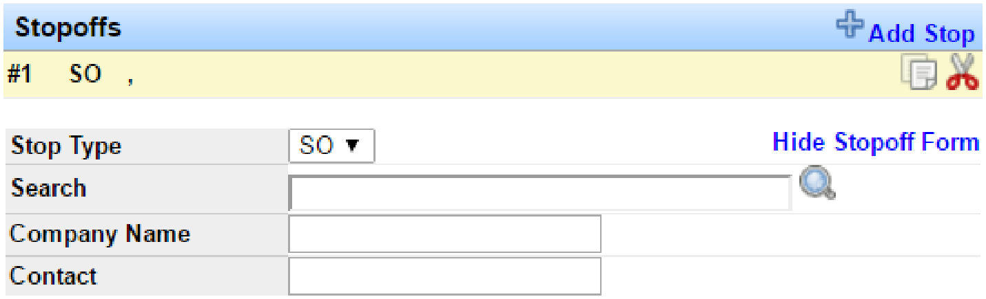 Stopoffs section available on the Load Information screen after clicking Add Stop.