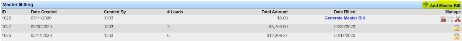 Master Billing section on the customer summary screen with an Add Master Bill option.