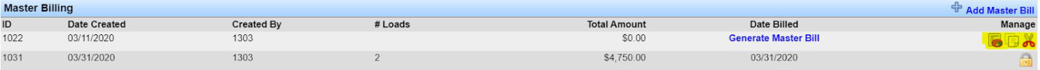 Master Billing section showing management tools for a draft master bill: preview, edit, generate, and delete.