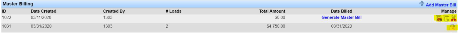 Master Billing section comparing draft management tools against the lock icon for a generated master bill.