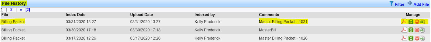 File History section on customer summary showing the master billing packet file.