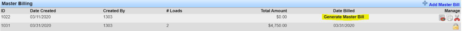 Generate Master Bill link shown next to a draft in the Master Billing section.