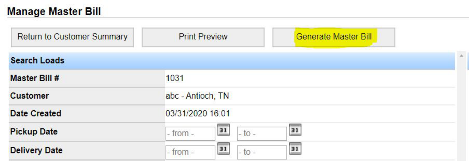 Generate Master Bill and Return to Customer Summary tabs on the Manage Master Bill screen.