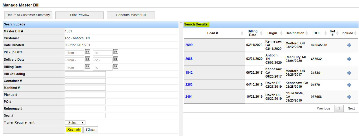 Manage Master Bill screen with filter options for searching a customer's invoices.