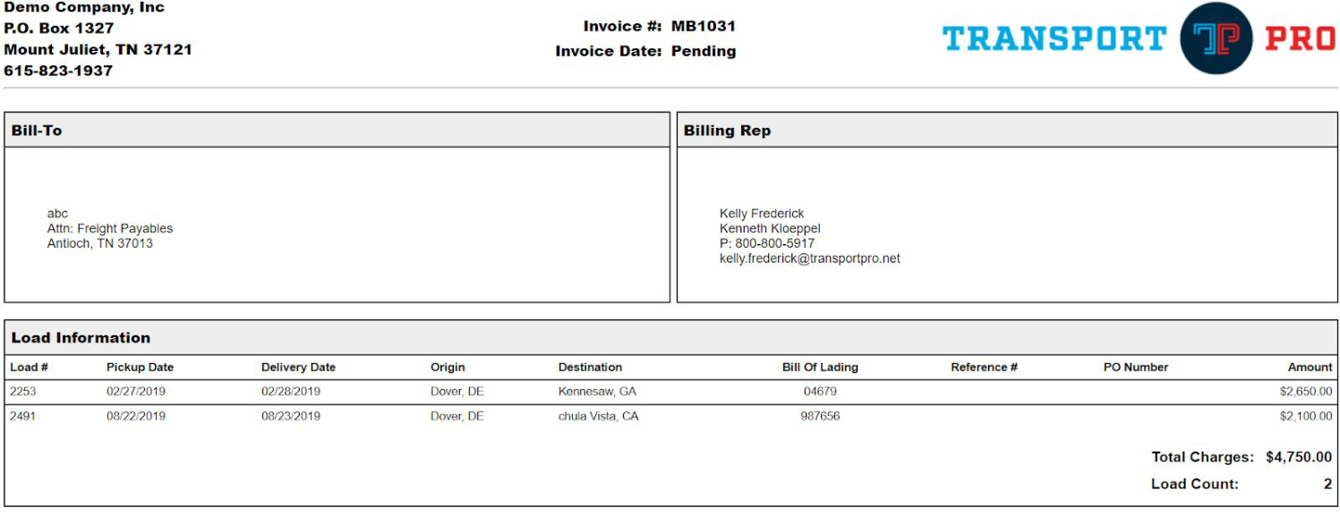 Master bill preview document listing referenced loads, dates, and amounts.