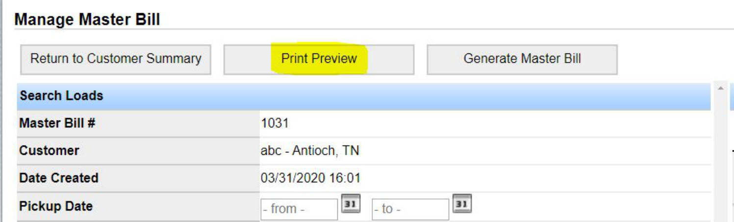 Manage Master Bill screen with Print Preview and Generate Master Bill tabs at the top.
