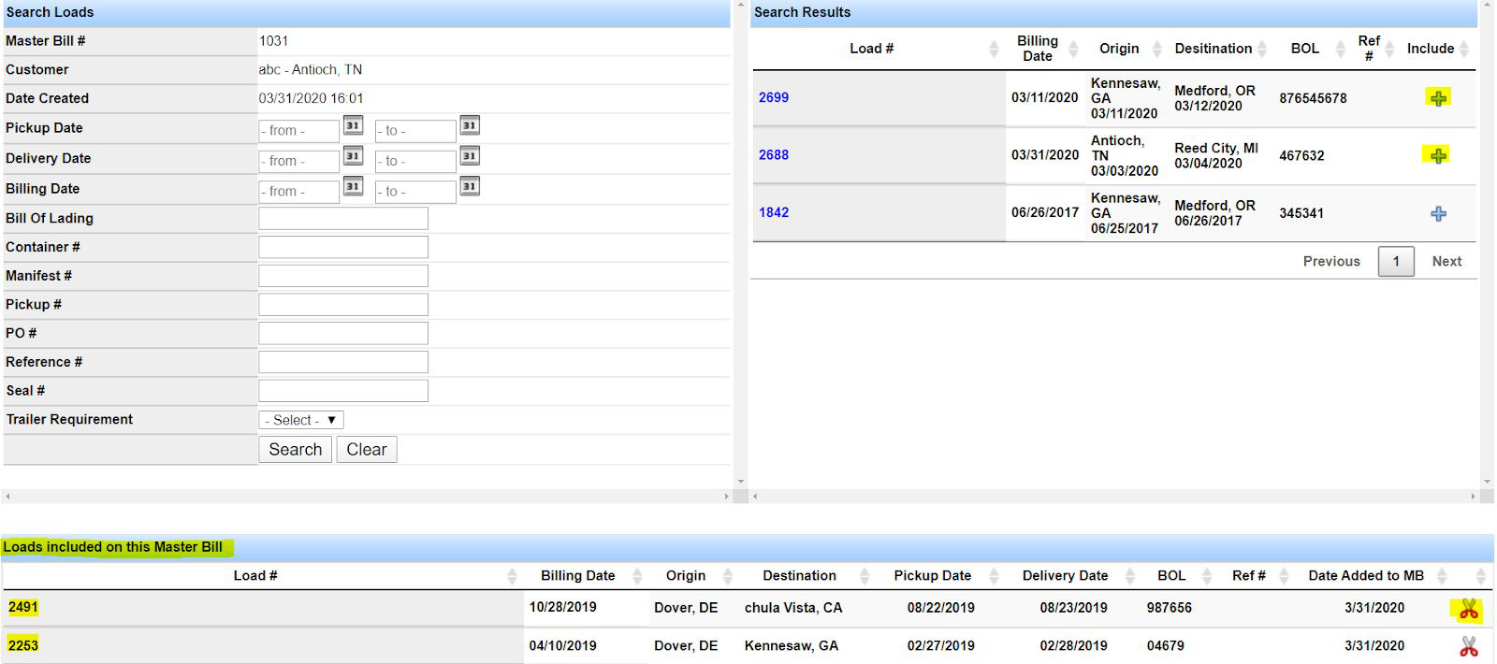 Search Results list with invoices added to the selected loads list at the bottom of the page.
