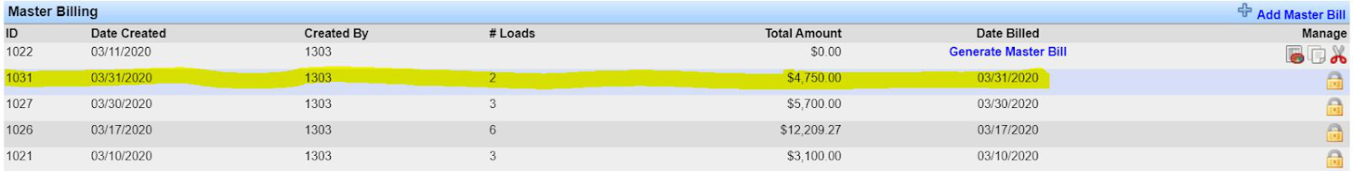 Master Billing section on customer summary showing a generated master bill with date, load count, and total amount.