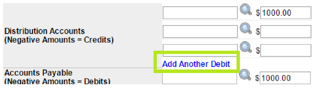 Distribution Accounts section with Add Another Debit link highlighted to add more debit lines.