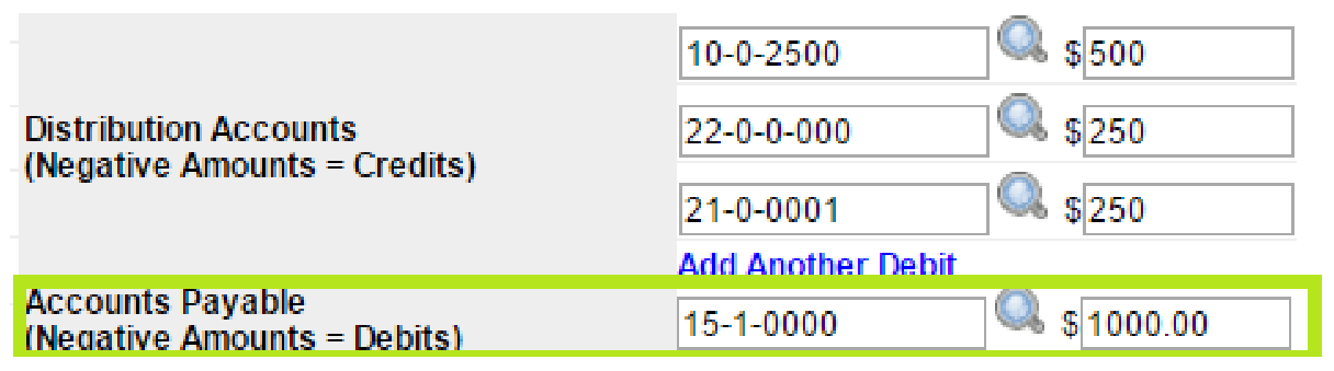 Accounts Payable account and amount of 1000.00 balancing three distribution debit lines.