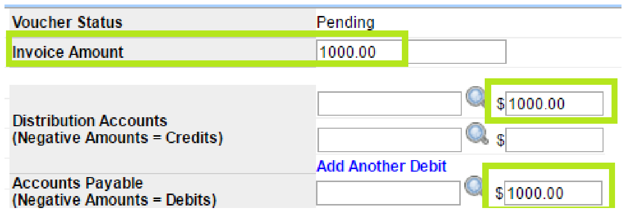 Voucher Information with Pending status, Invoice Amount 1000.00 auto-inserted into Distribution Accounts and Accounts Payable amounts.