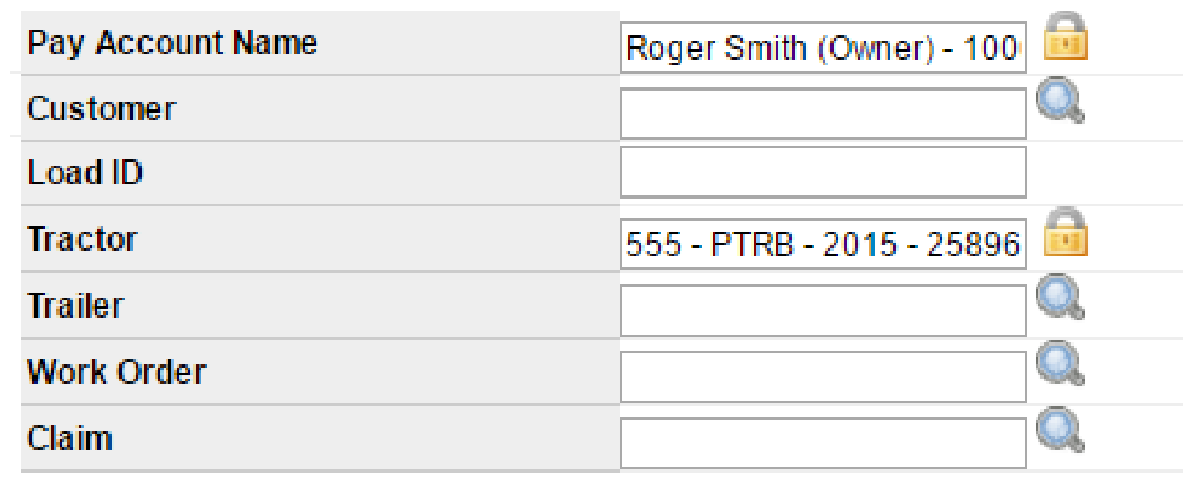 Optional voucher tags for Pay Account Name, Customer, Load ID, Tractor, Trailer, Work Order, and Claim.