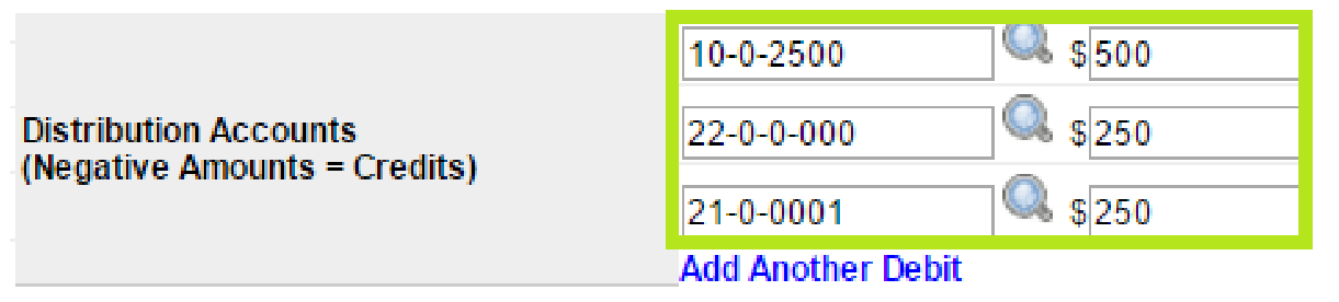 Three Distribution Accounts lines totaling 1000.00 across different GL accounts.