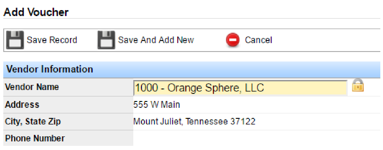 Add Voucher Vendor Information with vendor name selected and address fields populated.