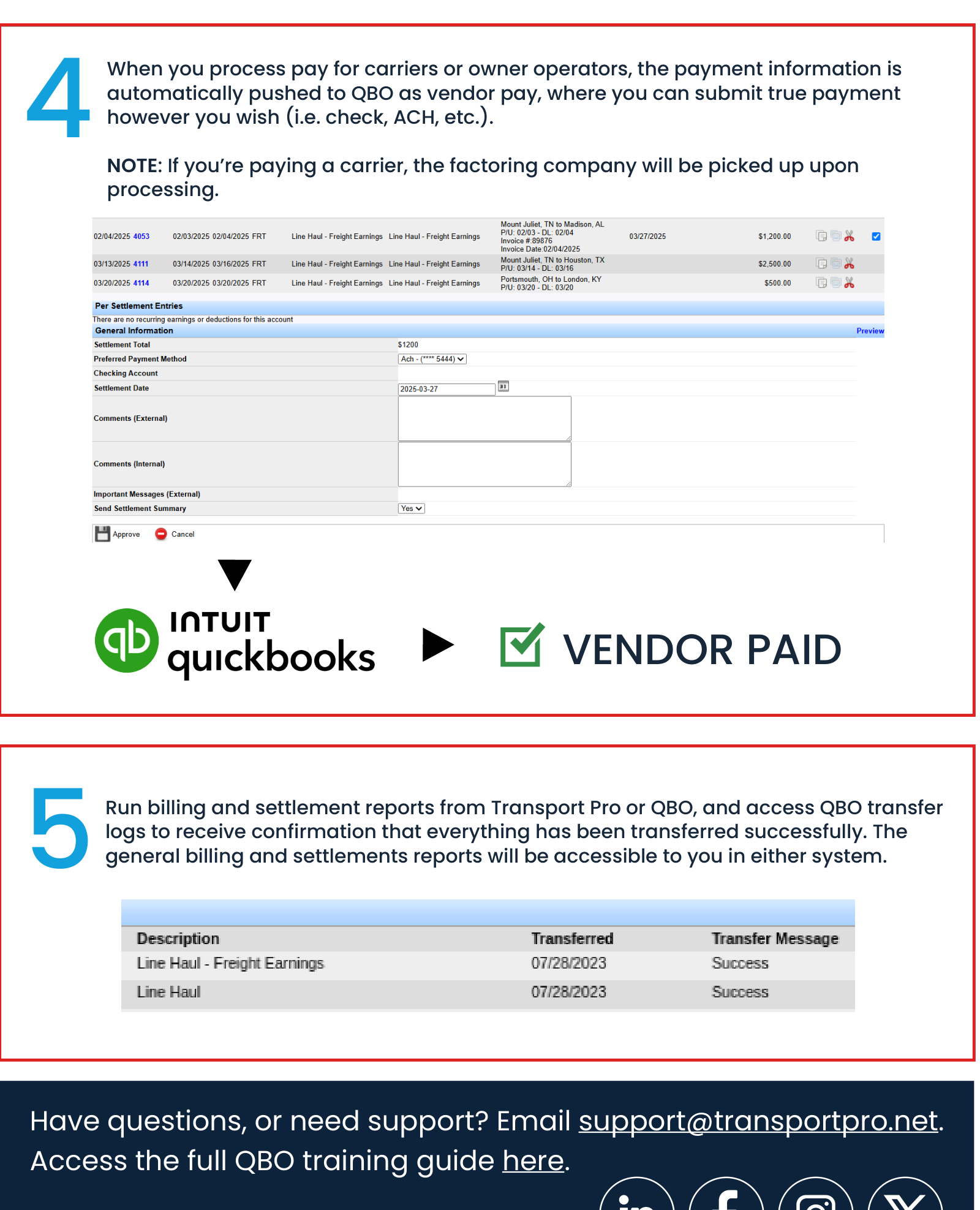 Diagram of carrier settlement pay pushed to QuickBooks Online as vendor pay, plus billing and settlement reports available in either system.
