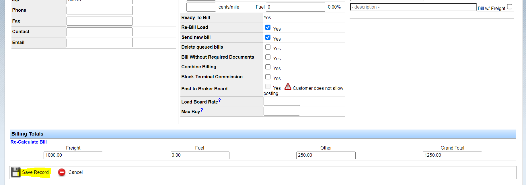Screenshot for Rebill a Load
