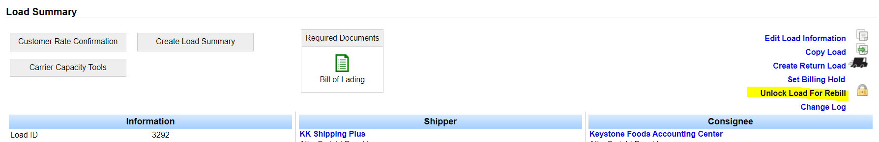 Screenshot for Rebill a Load