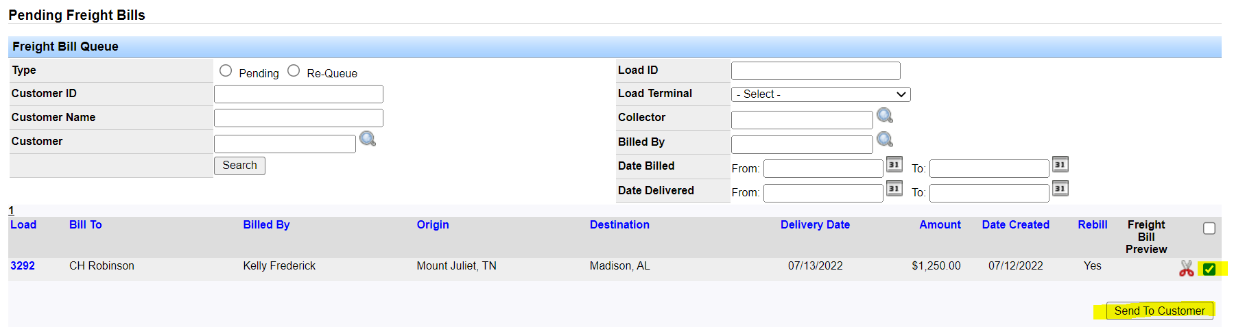 Screenshot for Rebill a Load