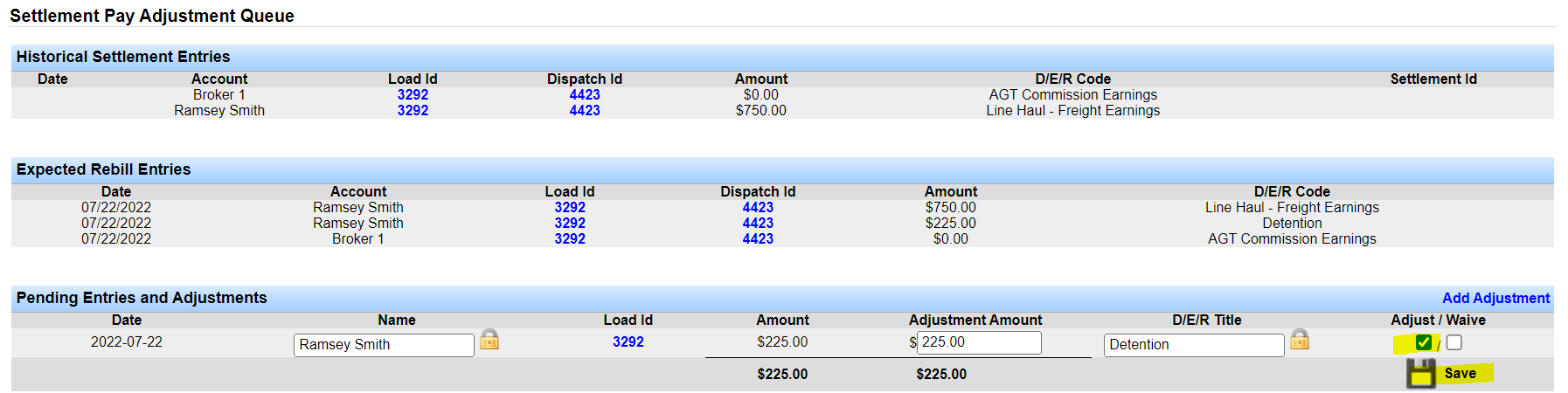 Screenshot for Rebill a Load