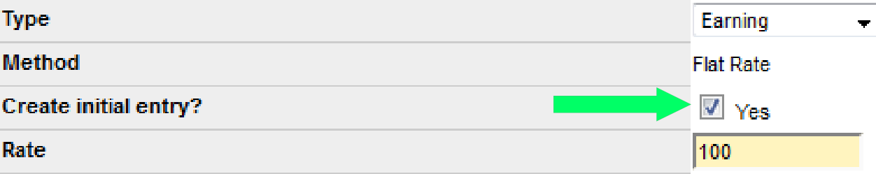 Create initial entry checkbox and rate fields.