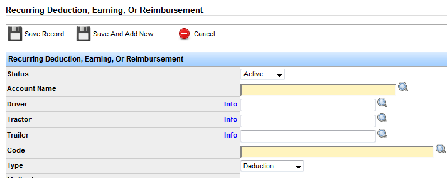 Recurring Deduction, Earning, or Reimbursement entry form.