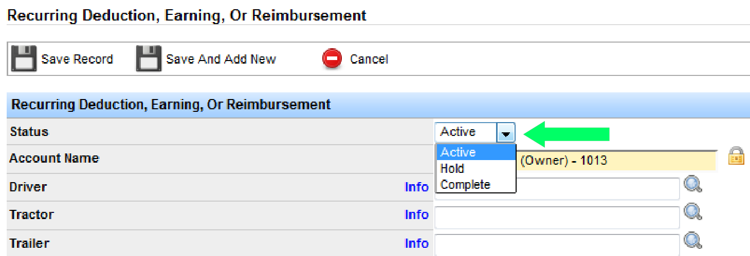 Status dropdown with Active, Hold, and Complete options.