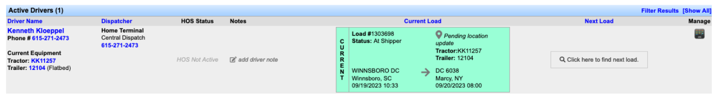 Transport Pro dispatch status reflecting Samsara arrival and departure updates.