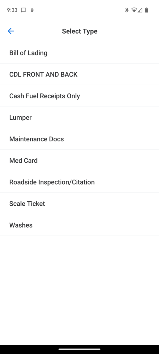 Samsara app list of document types for labeling an uploaded document.