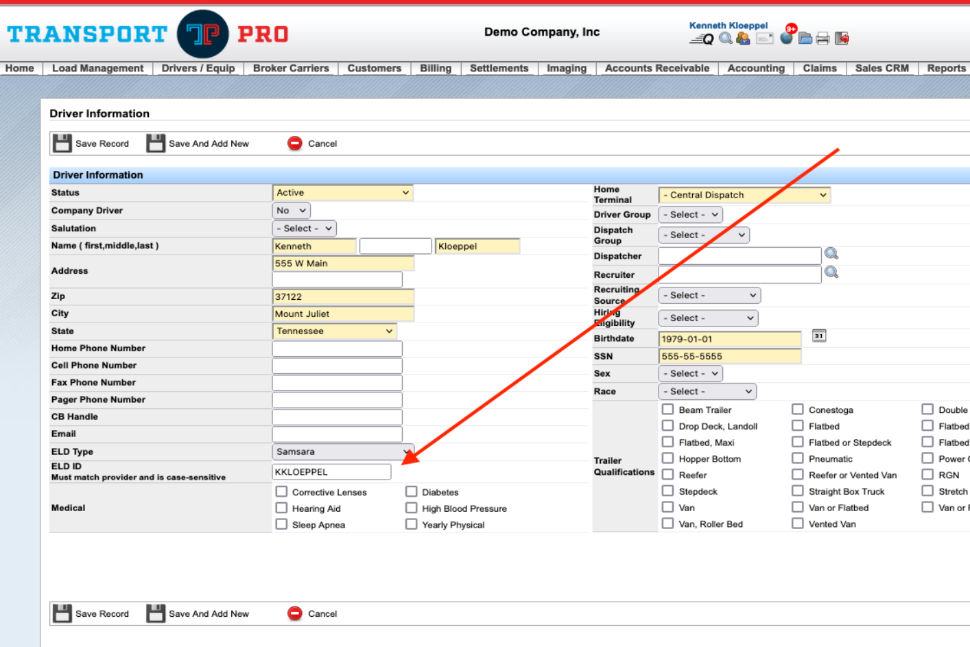 Driver profile with ELD Type set to Samsara and ELD ID filled with the driver's Samsara username.