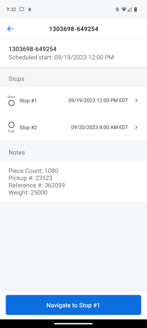 Samsara app showing special instructions or HOT comments from Transport Pro.