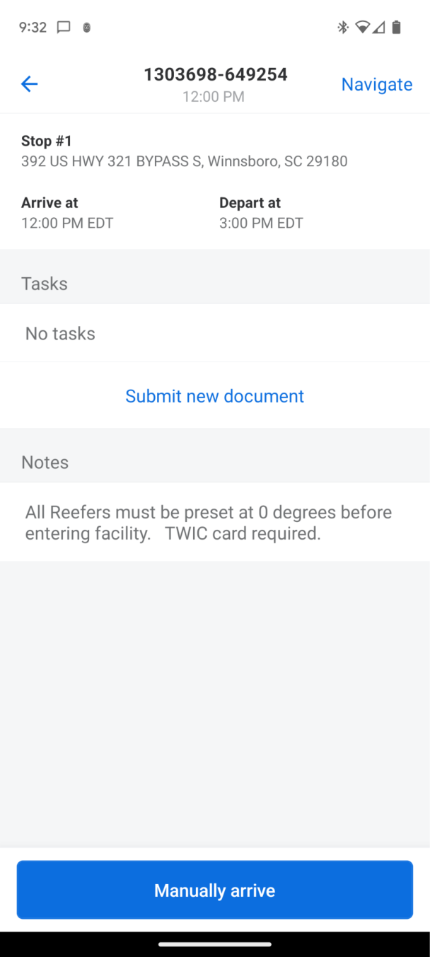 Samsara app with a blue button to log arrival at a stop.