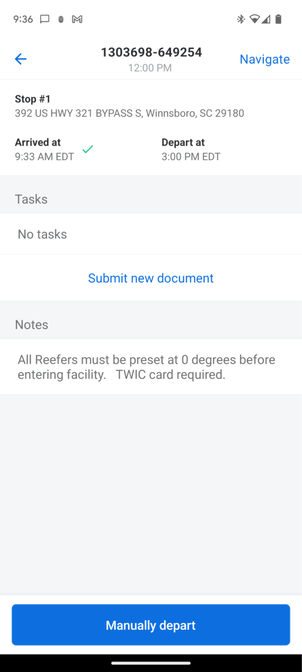 Samsara app with a blue button to log departure from a stop.