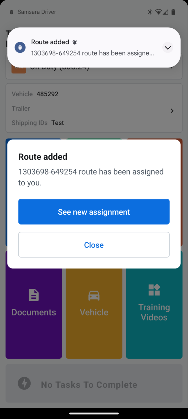 Samsara app notification that a new route has been assigned, with See New Assignment.