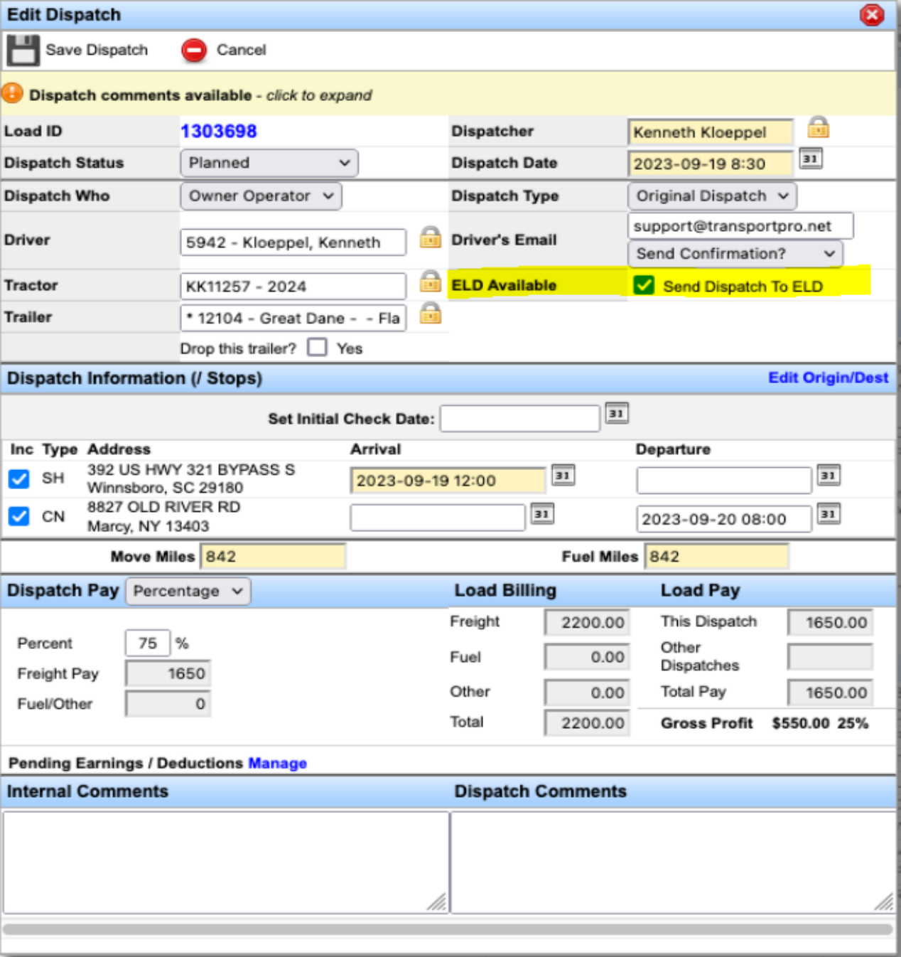 Dispatch record with the Send Dispatch to ELD checkbox selected.