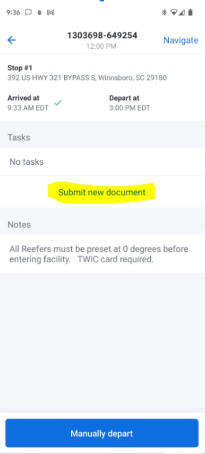 Samsara shipment screen with a submit new document link.